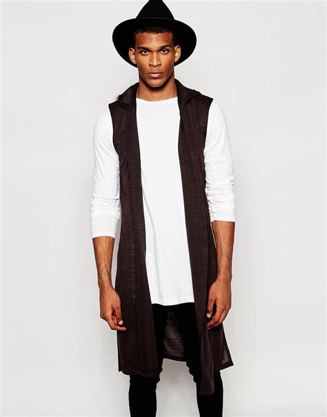 longline sleeveless cardigan for men.